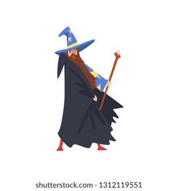 Male Sorcerer with Magic Staff, Bearded Wizard Character Wearing Black Cape and Pointed Hat Vector Illustration