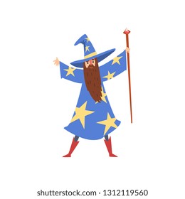 Male Sorcerer with Magic Staff, Bearded Wizard Character Wearing Blue Mantle with Stars and Pointed Hat Vector Illustration