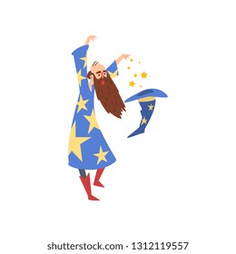 Male Sorcerer Practicing Wizardry, Bearded Wizard Character Wearing Blue Mantle with Stars and Pointed Hat Vector Illustration