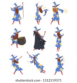 Male Sorcerer Practicing Wizardry Set, Wizard Character Wearing Blue Mantle with Stars and Pointed Hat Vector Illustration