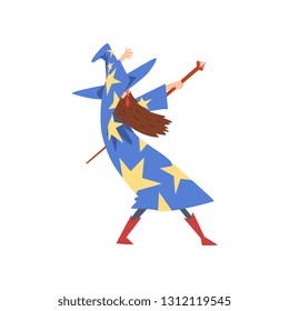 Male Sorcerer Practicing Wizardry with Staff, Bearded Wizard Character Wearing Blue Mantle with Stars and Pointed Hat Vector Illustration