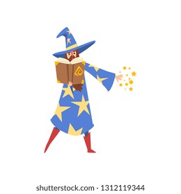 Male Sorcerer Reading Magic Book, Bearded Wizard Character Wearing Blue Mantle with Stars and Pointed Hat Vector Illustration