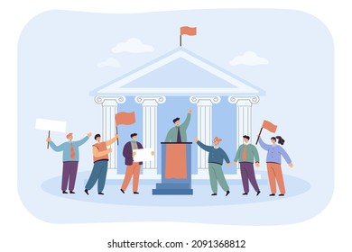 Male speaker giving political speech with government building in background. Minister of politics and parliament voting flat vector illustration. Freedom, public relations, democracy, election concept