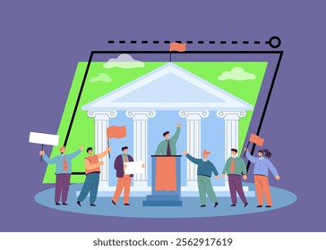 Male speaker giving political speech with government building in background. Minister of politics and parliament voting flat vector illustration. Freedom, public relations, democracy, election concept