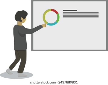 Male speaker pointing at presentation on white board during business seminar. A man showing repost of project.