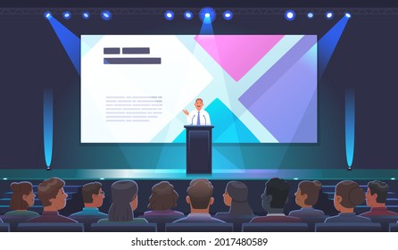 A male speaker speaks behind the podium with a speech at a presentation in a large conference room full of spectators. A politician or businessman, a teacher giving a speech at an international forum.