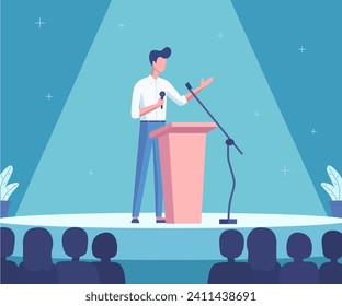 Un orador masculino habla en escena con un discurso en una presentación en una gran sala de conferencias llena de espectadores. Un político o empresario, conferencia, foro internacional. Ilustración vectorial plana.