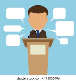 Male speaker with speech bubbles. Concept of debates, seminar or election. Politician speaker with podium.