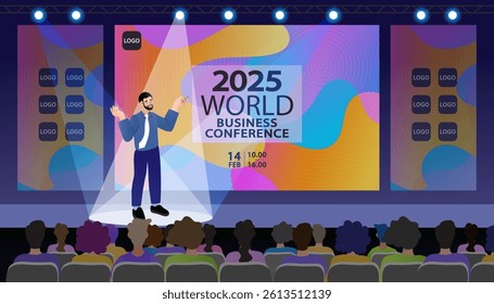Male speaker stands on stage and presents a new project. Conference or presentation of a company's product. Public speech conference or symposium vector.  Presenter speaks to people. 