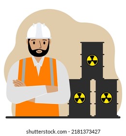 A male specialist next to black barrels with an image warning about the toxicity of waste. Radiation. Vector flat illustration