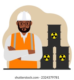 A male specialist next to black barrels with an image warning about the toxicity of waste. Radiation. Vector flat illustration