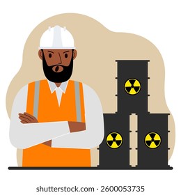 A male specialist next to black barrels with an image warning about the toxicity of waste. Radiation.
