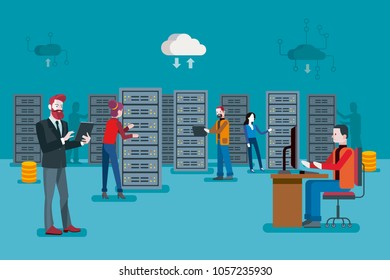Male IT specialist and a team of servers technician in datacenter. Network server room. 