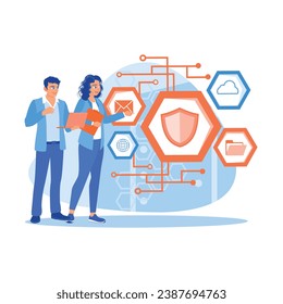 Male IT specialist using a laptop and discussing work with female server technician in the data center. Discuss Information concept. trend modern vector flat illustration