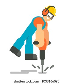 Male specialist working with jackhammer. Vector illustration isolated on white background. Flat character design.