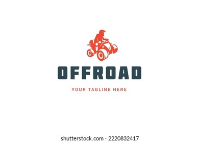 Male speed riding quad bike safari race travel adventure red vintage logo design template extreme sport vector illustration. Auto motor machine drive competition vehicle quadbike activity label