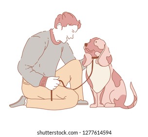 Male spending time with dog canine wearing collar vector domestic animal on leash purebred puppy friend to owner happy days with pet human loving canis domesticated mammal with spots on fur coat.