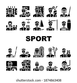 Male Sport Activities Collection Icons Set Vector. Basketball And Soccer, Golf And Lacrosse, Boxing And Sailing, Powerlifting And Bowling Sport Glyph Pictograms Black Illustrations