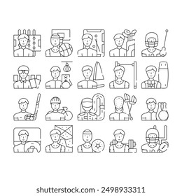 Male Sport Activities Collection Icons Set Vector. Basketball And Soccer, Golf And Lacrosse, Boxing And Sailing, Powerlifting And Bowling Sport Black Contour Illustrations