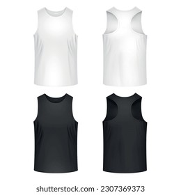 Male sport white and black tank top mockup front and back views realistic set isolated vector illustration