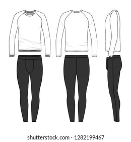 Male sports clothing set. Blank template of raglan sleeves tee and joggers pants in front, back and side views. Casual style. Vector illustration for your fashion design. Isolated on white background.