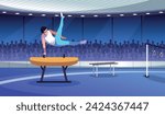 Male sports gymnast performance. Professional athlete in sports competitions, young man on pommel horse performs tricks, circus show, cartoon flat style isolated tidy vector concept