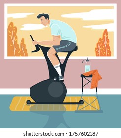 Male sportsman activity exercise bike, man character training stationary bicycle home isolated on white, flat vector illustration. Window autumn landscape view background, household sport exercise.