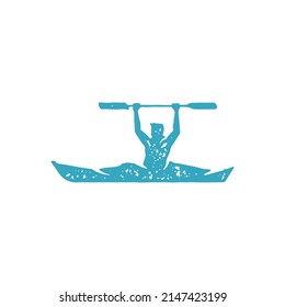 Male Sportsman Floating On Water River Holding Paddle Over Head Enjoying Kayaking Extreme Sport Hobby Grunge Texture Vector Illustration. Rafting, Ride Kayak, Canoeing, Rowing, Sea Expedition