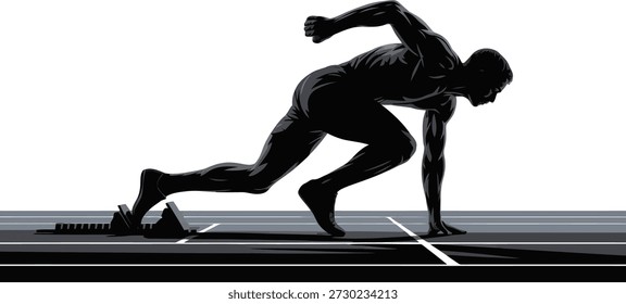 A male sprinter positioned at the starting blocks on a track, showing readiness and anticipation for a high-speed race.