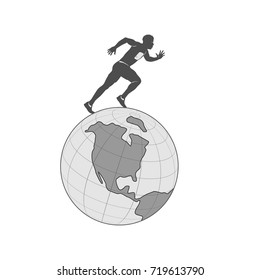 the male sprinter runs quickly over the surface of the globe. isolate on white background.