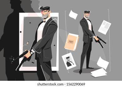 Male Spy With Handgun Vector Illustration. Evil Killer In Business Suit Holding Silenced Pistol Flat Style Concept. Photo And Documents With Dossier Lying Around