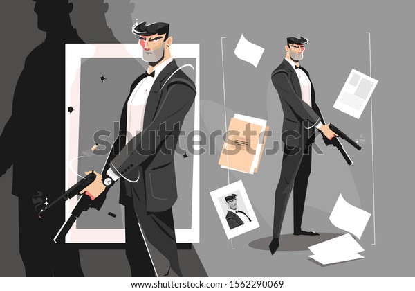 拳銃を持つ男性スパイのベクターイラスト ビジネススーツを着た邪悪な殺人者が 沈黙したピストルの平らなコンセプトを持つ 写真と書類がうろついている のベクター画像素材 ロイヤリティフリー