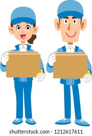 Male staff and female staff wearing working clothes with cardboard boxes