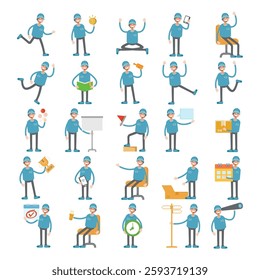 male staff with headset characters in different poses illustration set