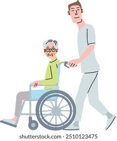 A male staff member pushes a wheelchair for a woman to ride in.