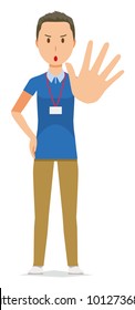 A male staff wearing name plate is stop gesture