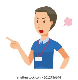 A male staff wearing a nameplate is angrily pointing to a finger - upper body