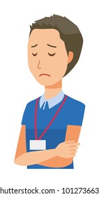 A male staff wearing nameplate is depressed - upper body