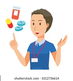 A male staff wearing nameplate is explains about medicine - upper body