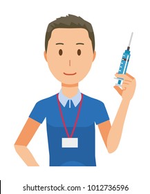 A male staff wearing nameplate has a syringe - upper body