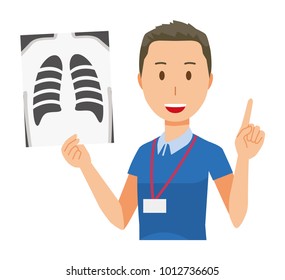 A male staff wearing nameplate has an X-ray picture - upper body