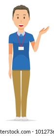 A male staff wearing a nameplate is informed