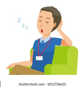 A male staff wearing nameplate sleeps on the sofa - upper body