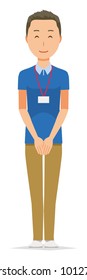 A male staff wearing a nameplate is smiling