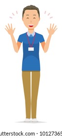 A male staff wearing a nameplate is spreading his hands