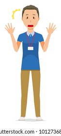 A male staff wearing a nameplate is surprised