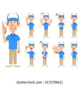 Male staff wearing short-sleeved polo shirts and hats 9 different poses and facial expressions 1