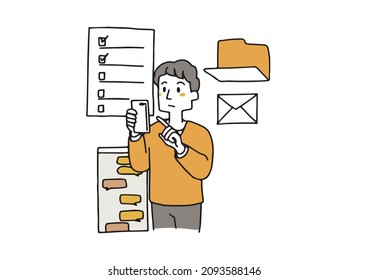 Male staff who collects and analyzes information on smartphones Analysis and management on the Internet Loose line drawing person illustrations