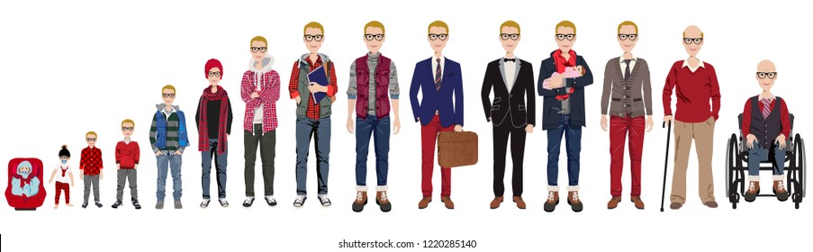 Male stages of growth in Christmas outfits. Including baby,  child,  teenager,  adult, college student, business man, casual man, groom,  dad with baby, an elderly man, grandfather in wheelchair.