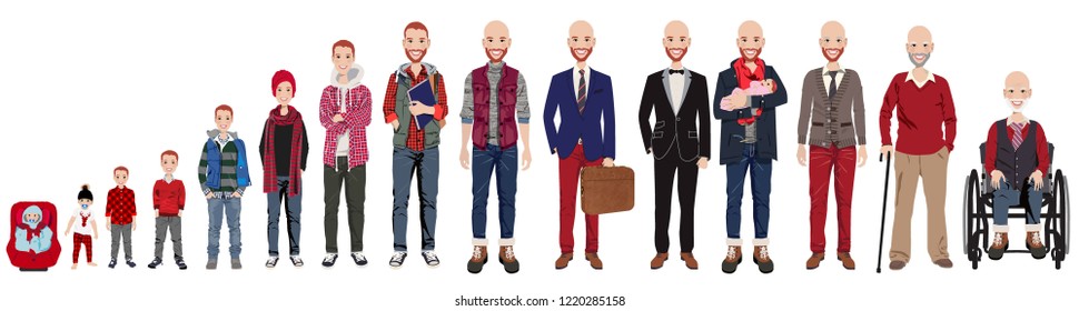 Male stages of growth in Christmas outfits. Including baby,  child,  teenager,  adult, college student, business man, casual man, groom,  dad with baby, an elderly man, grandfather in wheelchair.